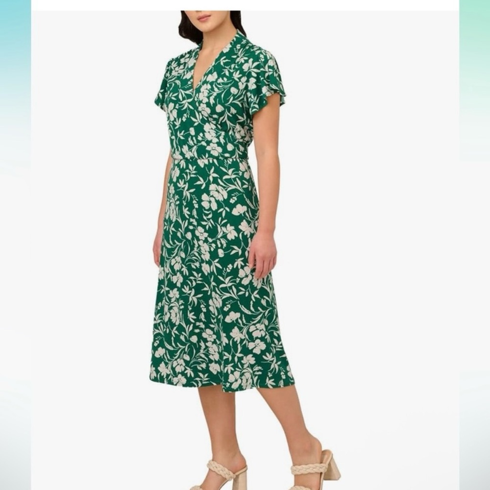Adrianna Papell Green Floral Midi Dress Flutter Sleeve Wrap Large NWOT
